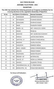 Rajasthan Election 2023 : कांग्रेस ने 19 उम्मीदवारों की तीसरी सूची जारी की